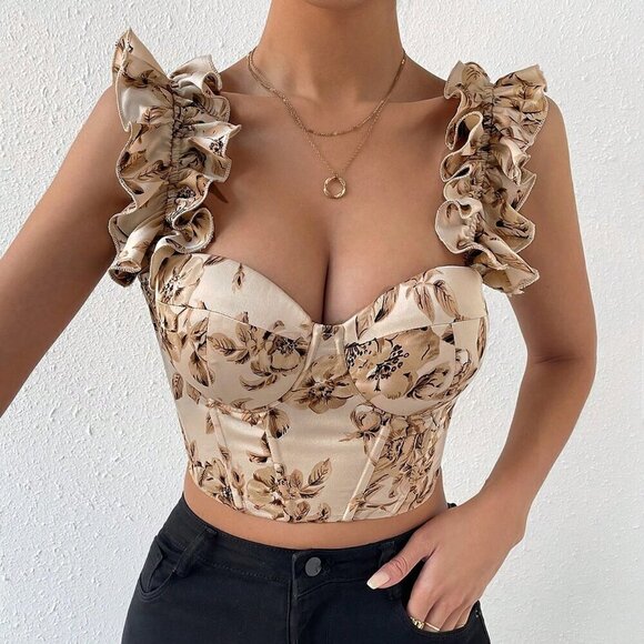 Apricot Boho Women's Floral Print Lace Up Backless Bustier Crop Wide Strap Top - Picture 6 of 6